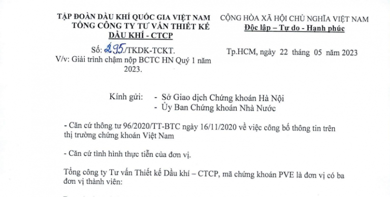 Giải trình chậm nộp BCTC hợp nhất quý 1 năm 2023
