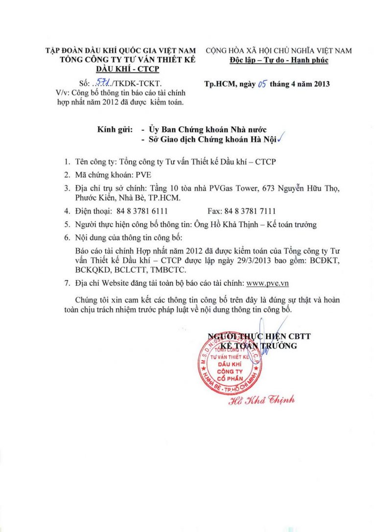 Công bố thông tin BCTC hợp nhất 2012 đã được kiểm toán